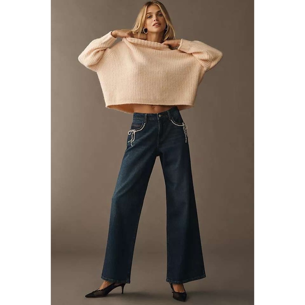 Pilcro Anthro Pearl Bow Embellished Wide Leg Jeans Dark Wash 26 High Rise